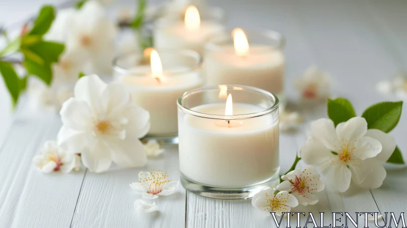 Romantic Still Life: White Candles and Flowers AI Image