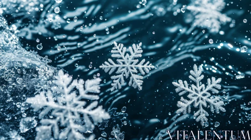 Serene Winter Scene with Snowflakes in Blue Water AI Image