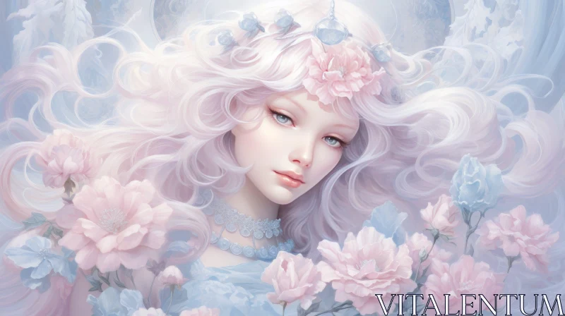AI ART Serene Woman Portrait with Pink Flowers