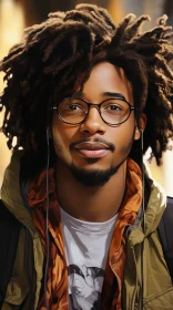 Smiling Young Man Portrait with Curly Hair and Green Jacket