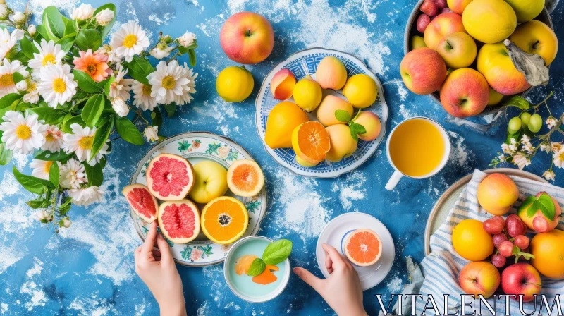 Stunning Flat Lay Composition of a Table with Fresh Fruits and Tea AI Image