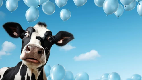 Surprised Cow in Field with Blue Balloons