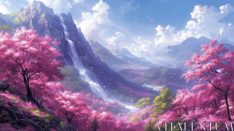 Tranquil Valley Landscape with Cherry Blossom Trees AI Image