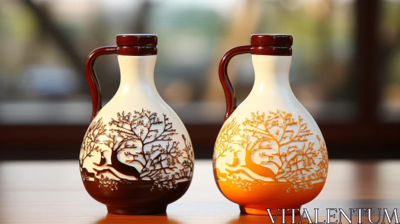 AI ART Unique Ceramic Bottles with Tree and Deer Pattern