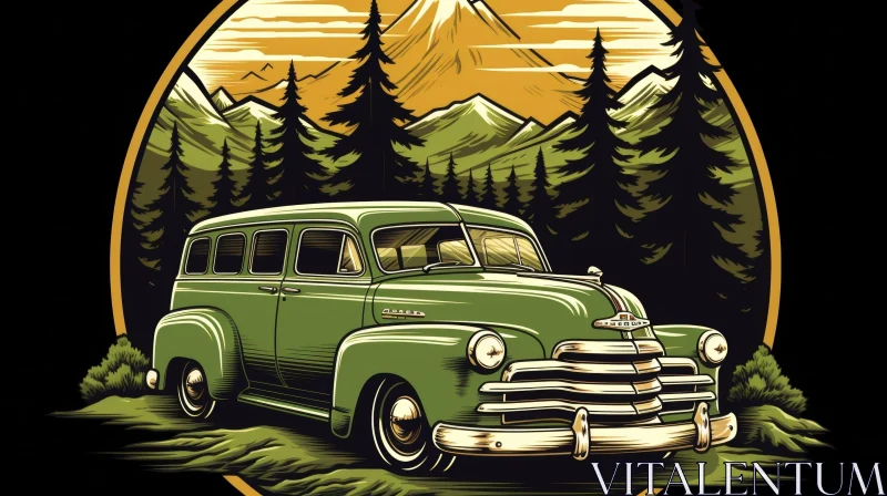 Vintage Car Illustration in Forest with Mountain Background AI Image