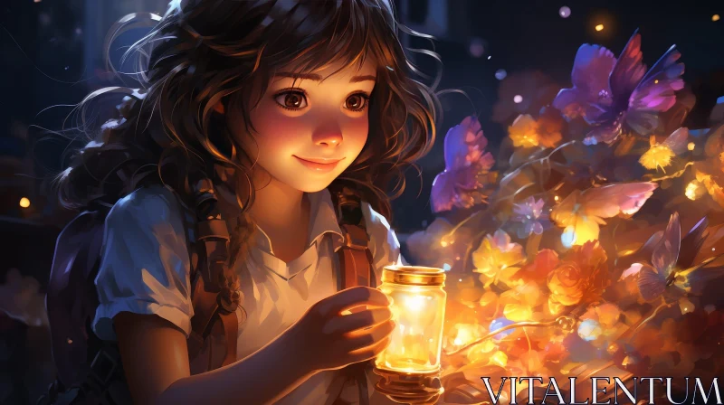Young Girl with Lantern in Flower Field at Night AI Image