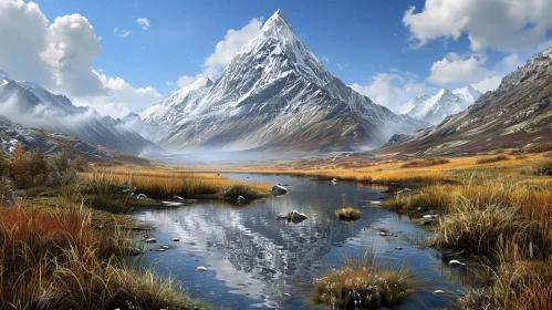 Breathtaking Mountain Landscape with Snow-Capped Peaks and Serene Lake