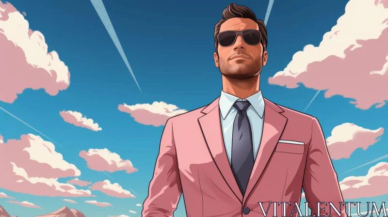 AI ART Confident Man in Pink Suit against Blue Sky - Comic Style