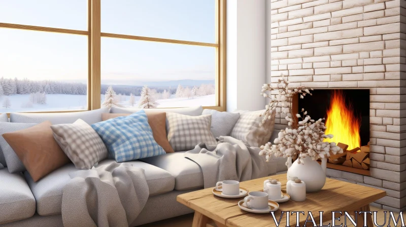 Cozy Living Room with Fireplace and Snowy Forest View AI Image