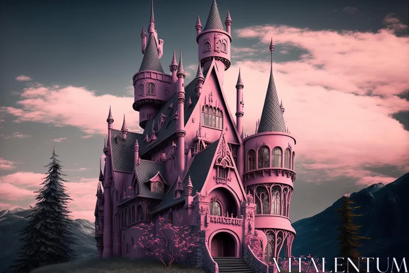 Enchanting Pink Castle in a Mountain Landscape AI Image