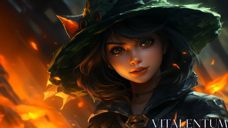 Enchanting Witch Portrait with Flames AI Image