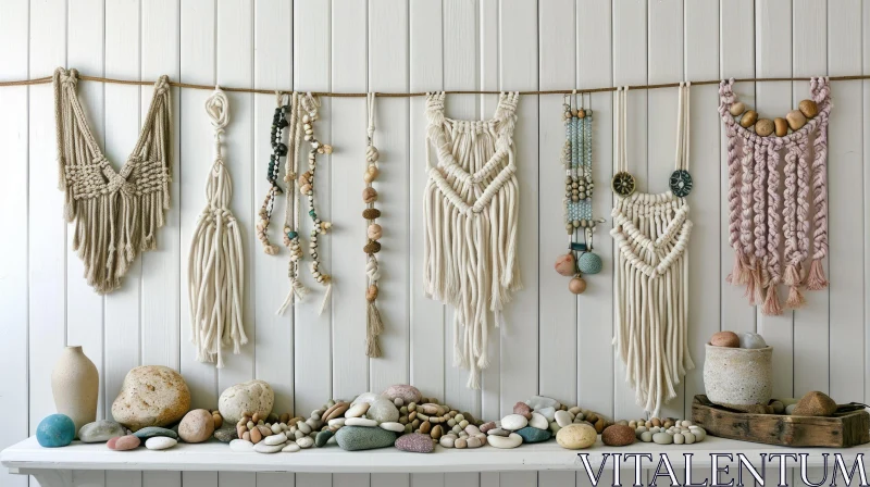 Exquisite Macrame Wall Hangings and Stone Sculptures on a Whitewashed Wooden Wall AI Image