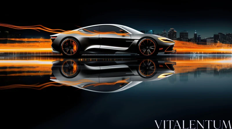 Futuristic Silver and Orange Sports Car Night Drive AI Image
