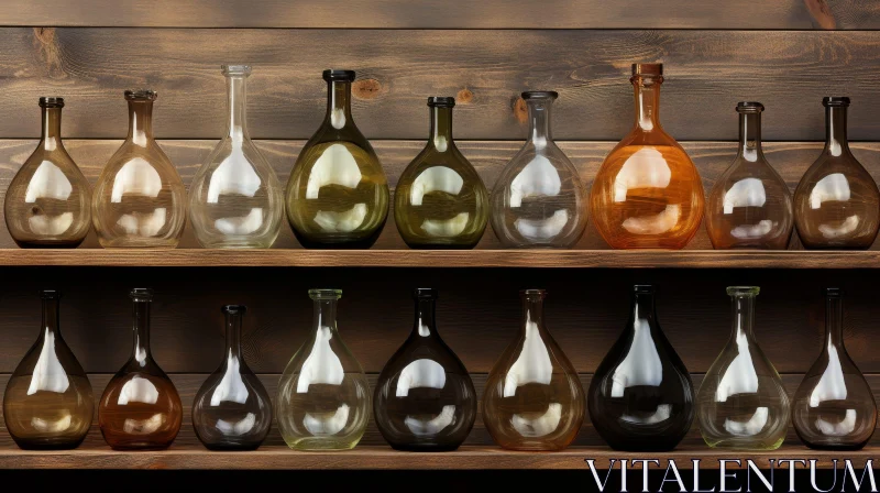 Glass Bottles Collection on Wooden Shelves AI Image