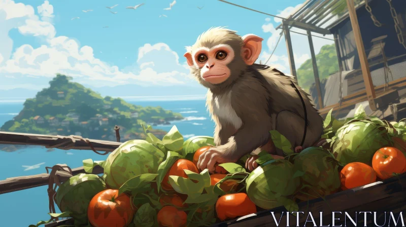 Inquisitive Monkey on Fruit Pile Artwork AI Image