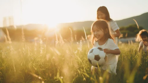 Joyful Soccer Play in Sunset Field