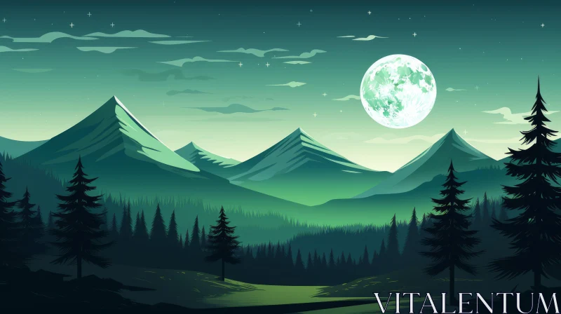 AI ART Moonlit Forest Landscape - Serene Mountains Night Scene