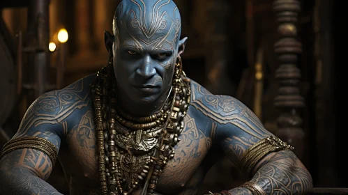 Mysterious Blue-Skinned Humanoid with Tattoos and Gold Jewelry