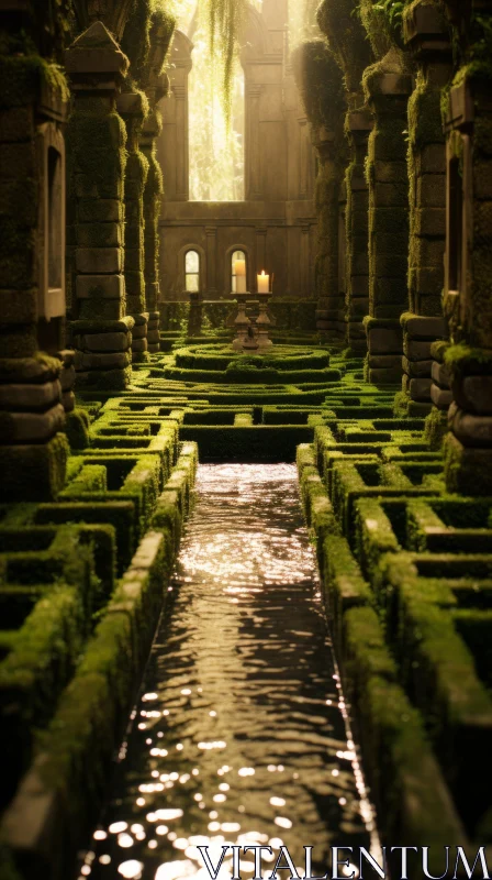 Mystical Garden: Atmospheric Lighting and Water Luminosity AI Image
