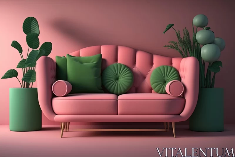 Pink Sofa Setting in a Charming Dark Pink and Light Green Interior AI Image