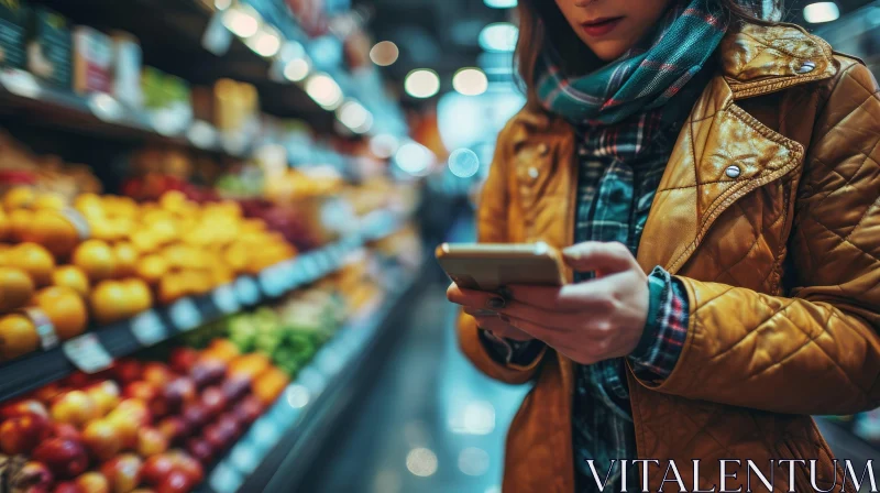 Stylish Woman in Grocery Store: Phone, Fashion, and Fresh Produce AI Image