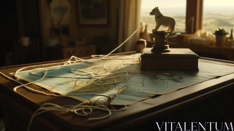 Vintage Map with Toy Dog on Wooden Table AI Image