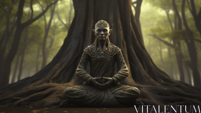 AI ART Alien Statue Meditation in Forest