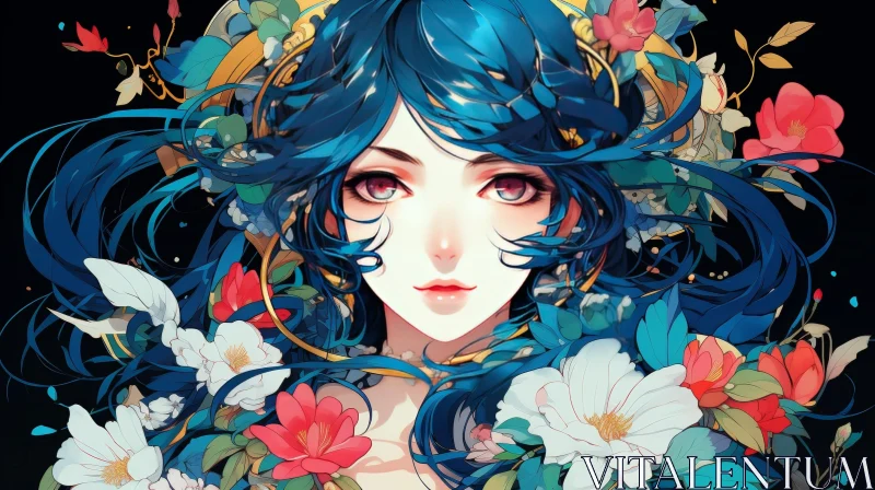 AI ART Beautiful Woman Portrait with Blue Hair and Flowers