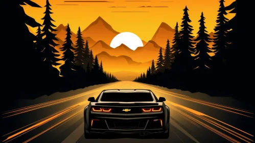 Black Chevrolet Camaro SS Driving in Mountain Valley at Sunset