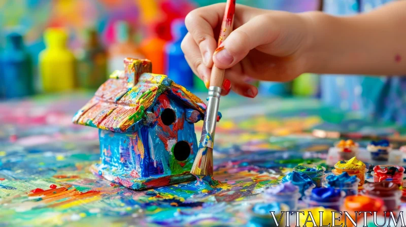 Colorful Birdhouse Painting by a Child - Close-up Perspective AI Image