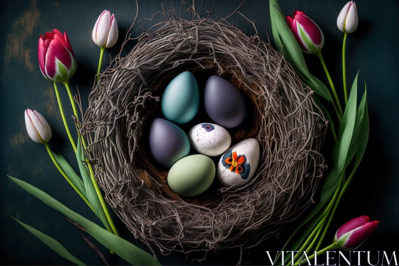 Colorful Easter Nest with Tulips and Eggs on a Black Background AI Image