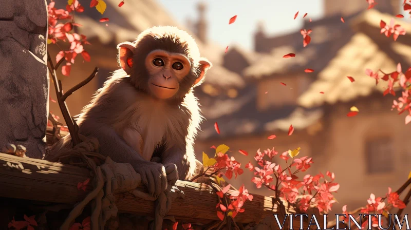 AI ART Curious Monkey 3D Rendering on Tree Branch
