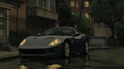 Dark Blue Ferrari 599 GTB Fiorano on Rainy Street
