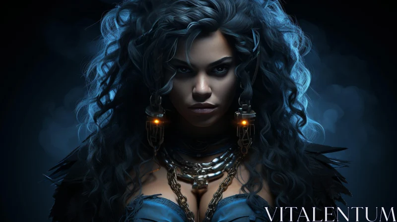 Dark-Skinned Woman Portrait with Curly Blue Hair AI Image
