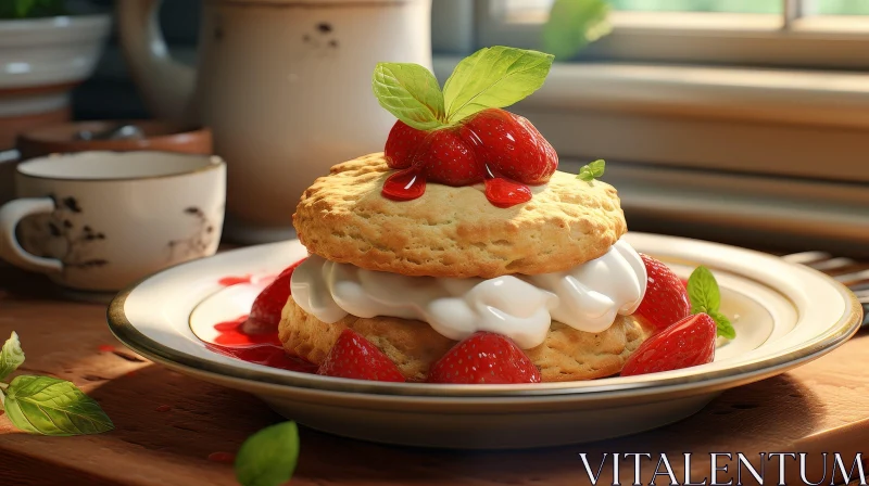 AI ART Delicious Biscuit and Strawberry Plate on Wooden Table