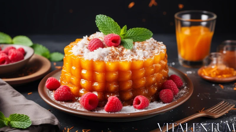 Delicious Cake with Orange Gelatin and Fresh Raspberries AI Image