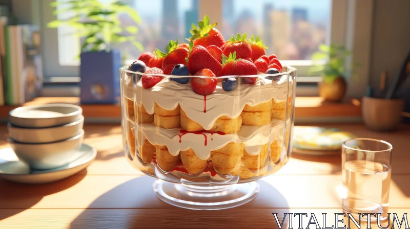 Delicious Fruit Trifle on Wooden Table AI Image
