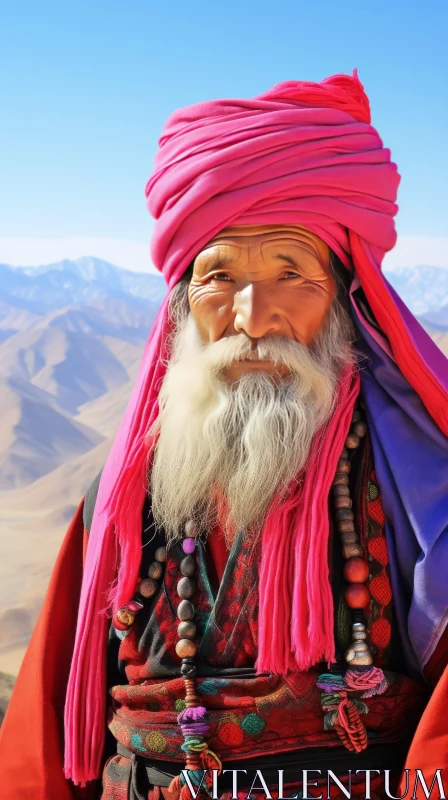 Elderly Man in Pink Turban Standing Before Mountainous Landscape AI Image