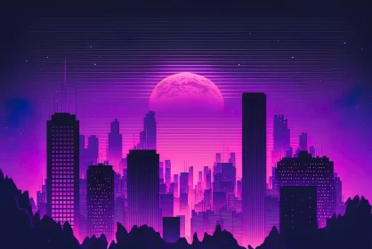 Enchanting Futuristic Cityscape with Purple Moon - Neonpunk Vintage Aesthetics