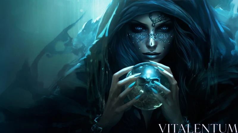 Enigmatic Woman with Crystal Ball in Dark Setting AI Image