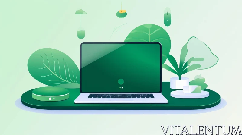 Green Laptop on Table with Mouse and Plant AI Image