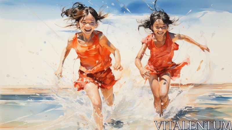 AI ART Joyful Beach Run by Two Girls