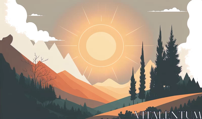 Majestic Sunrise Behind Mountains and Trees - Vintage Poster Style AI Image