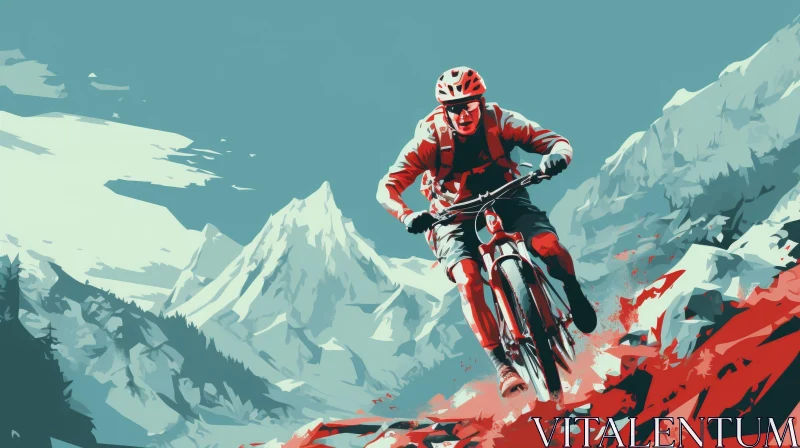 Mountain Biker Speeding Down Rocky Trail Illustration AI Image