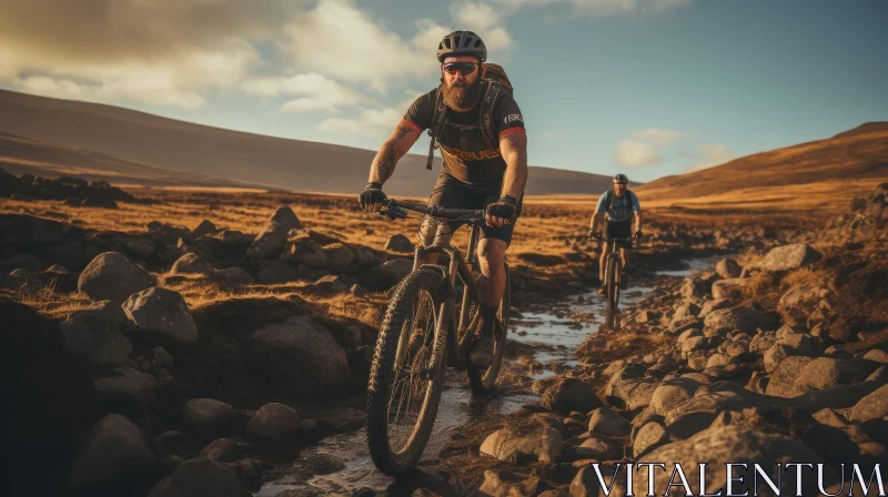 Mountain Bikers Conquer Rocky Stream Adventure AI Image