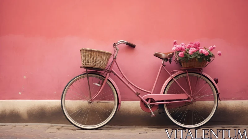 Pink Bicycle with Flowers Against Pink Wall AI Image
