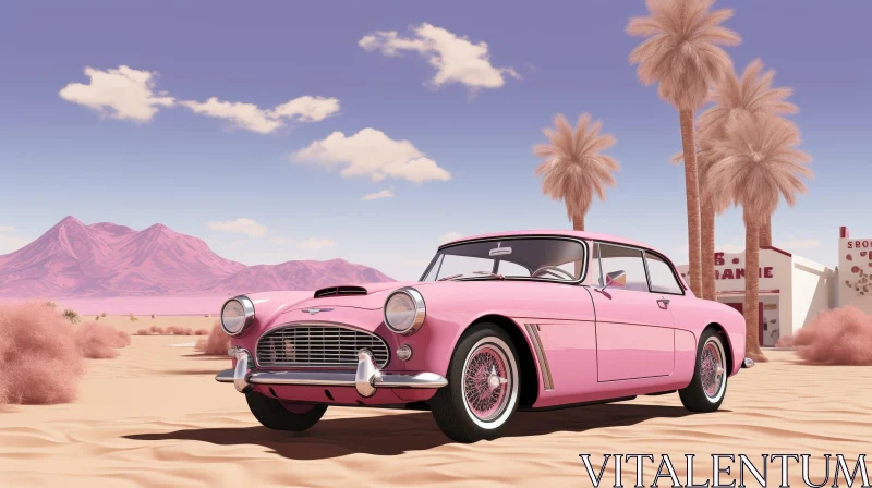 Pink Retro Car in Sandy Area with Palm Trees and Mountains AI Image