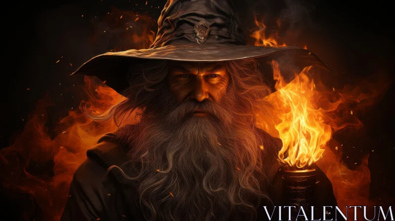 Powerful Wizard Portrait in Flames AI Image