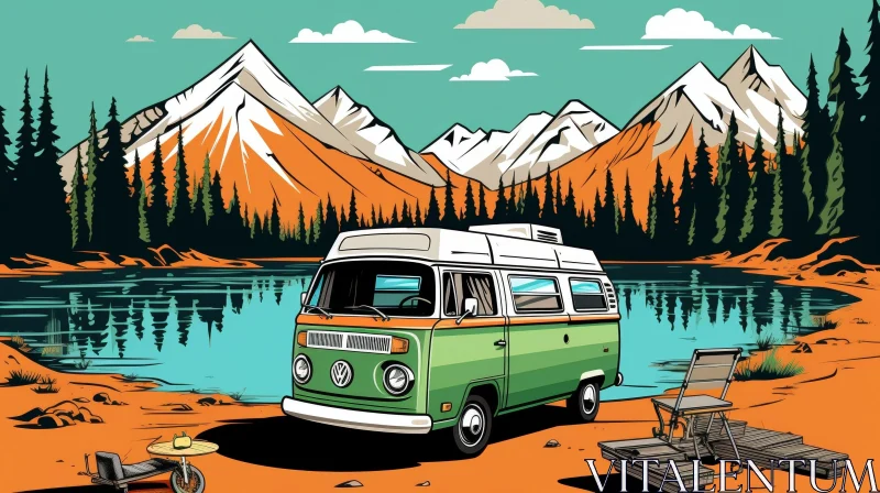 Retro Van Camping in Mountain Illustration AI Image