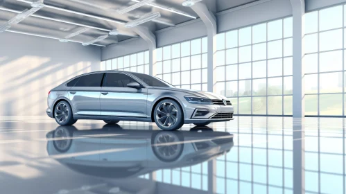 Silver Volkswagen Passat Car in Modern Showroom